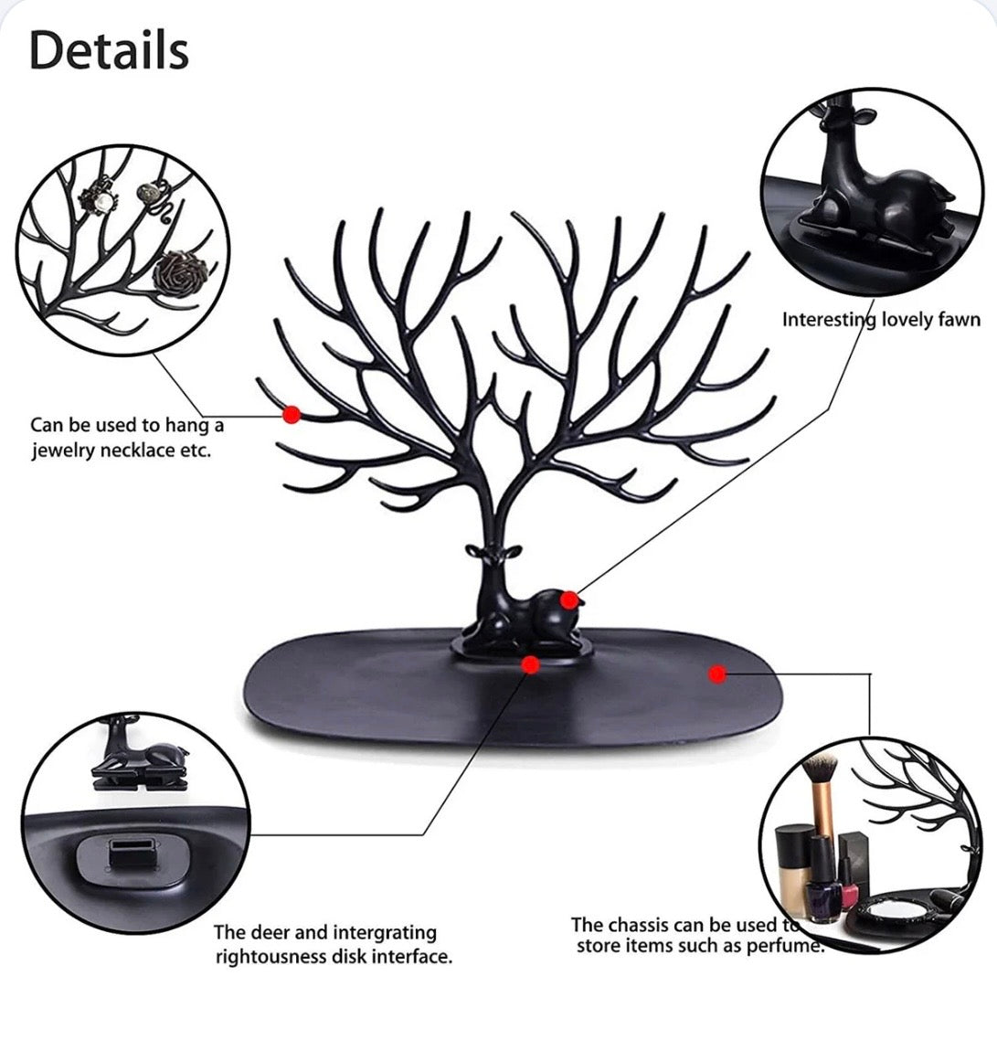 Elegant Deer Jewelry Stand with Antler Tree Design & Storage Tray – Necklace, Bracelet & Ring Organizer