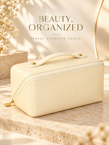 Premium Travel Cosmetic Organizer Bag with Compartments & Handle – Beige