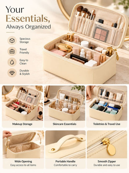 Premium Travel Cosmetic Organizer Bag with Compartments & Handle – Beige