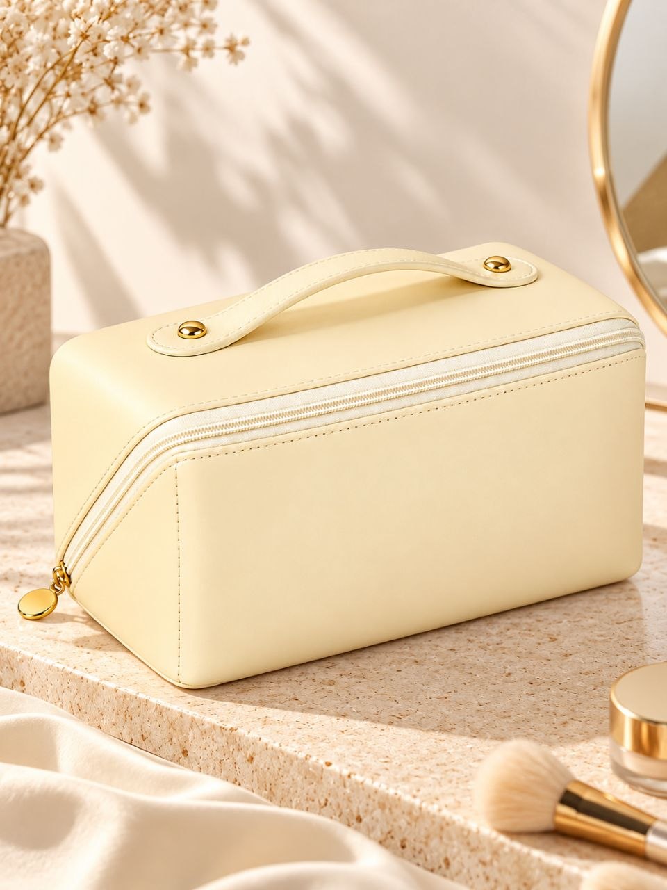 Premium Travel Cosmetic Organizer Bag with Compartments & Handle – Beige