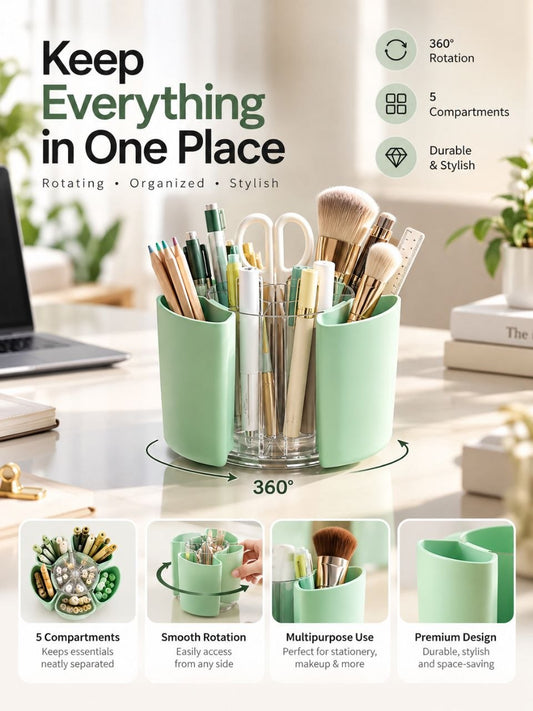 360° Rotating Organizer with 5 Compartments – Multipurpose Desk & Makeup Storage