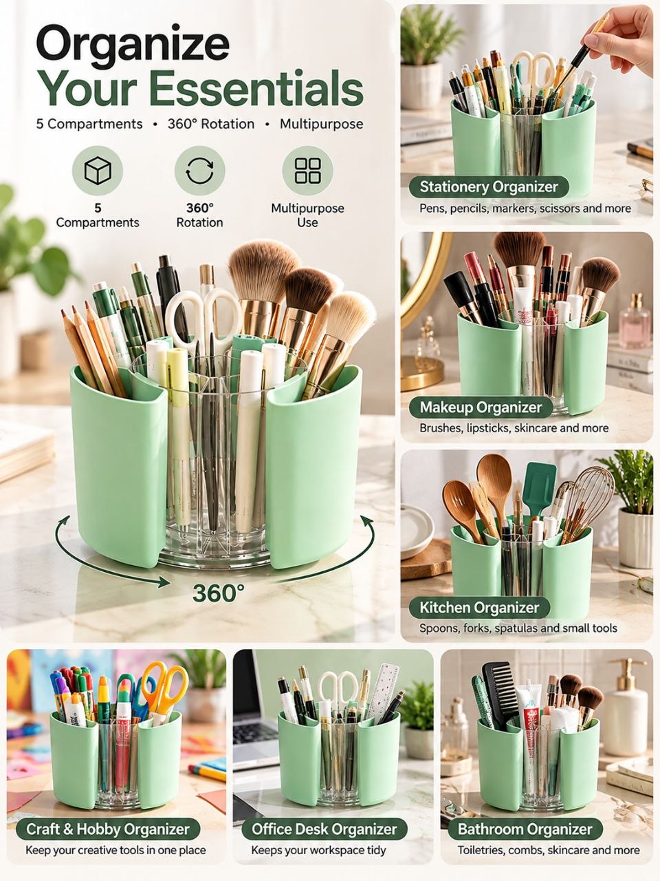 360° Rotating Organizer with 5 Compartments – Multipurpose Desk & Makeup Storage