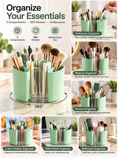 360° Rotating Organizer with 5 Compartments – Multipurpose Desk & Makeup Storage