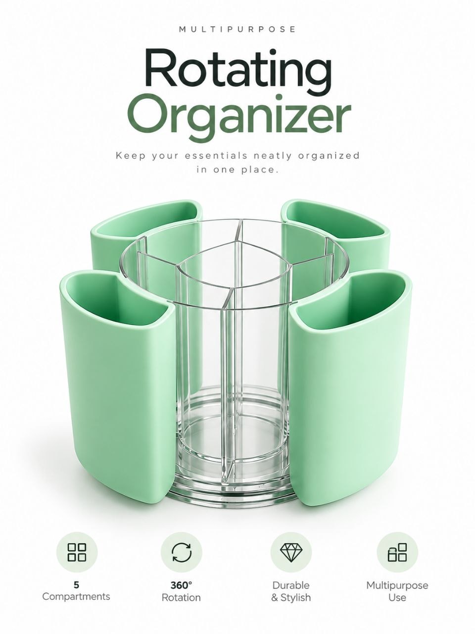 360° Rotating Organizer with 5 Compartments – Multipurpose Desk & Makeup Storage