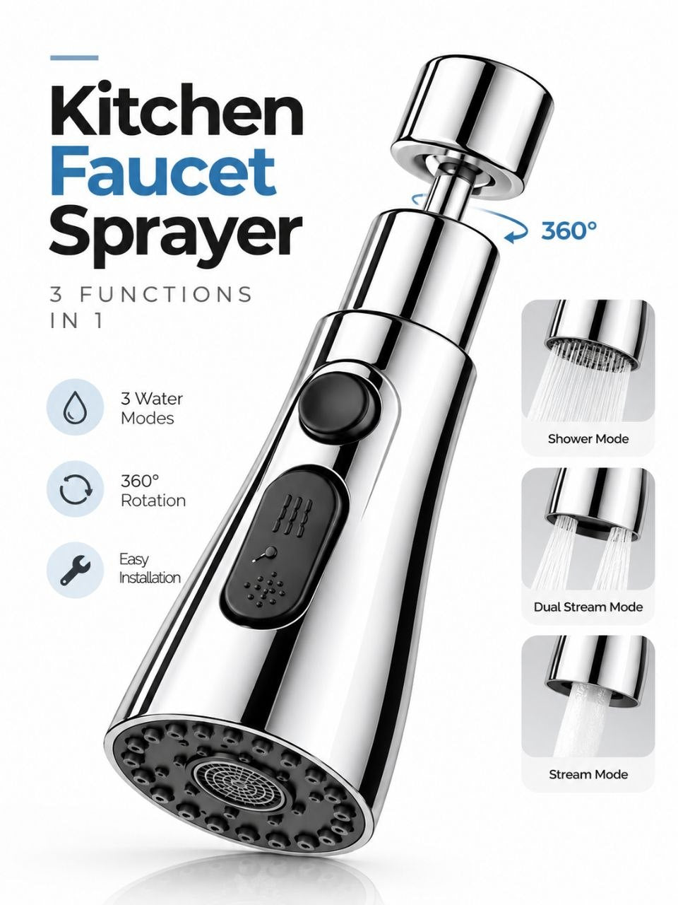 3-in-1 360° Rotating Kitchen Faucet Sprayer – Multi-Function Tap Attachment