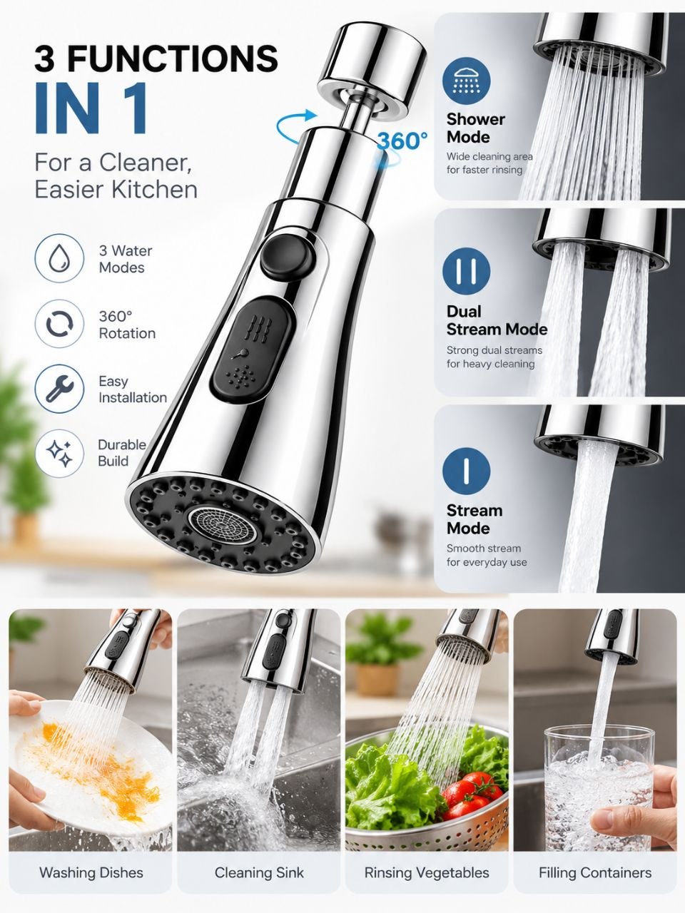 3-in-1 360° Rotating Kitchen Faucet Sprayer – Multi-Function Tap Attachment