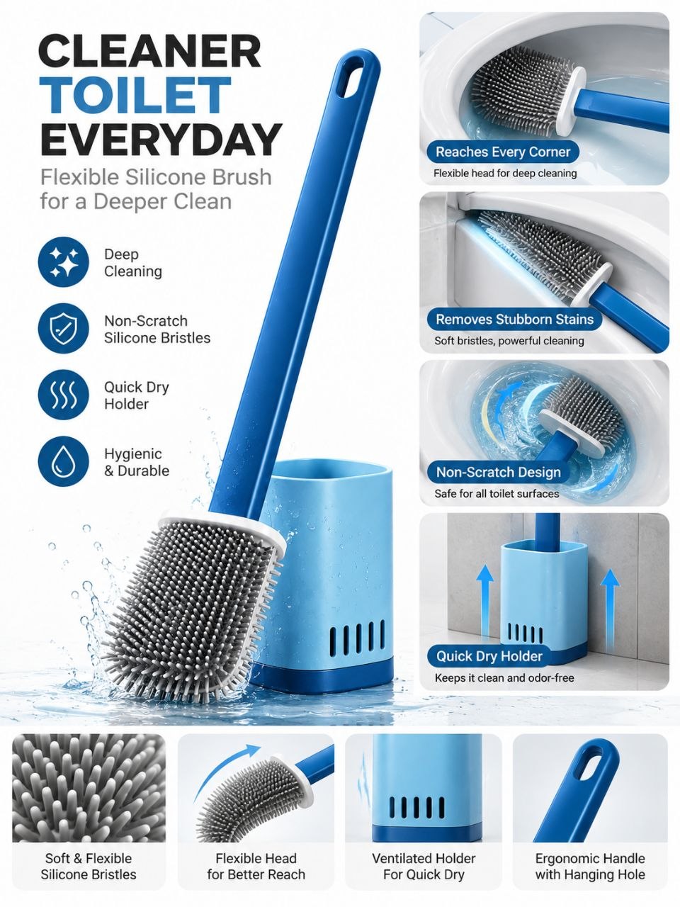 Flexible Silicone Toilet Brush with Quick-Dry Holder – Deep Cleaning Bathroom Scrubber
