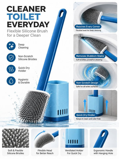 Flexible Silicone Toilet Brush with Quick-Dry Holder – Deep Cleaning Bathroom Scrubber