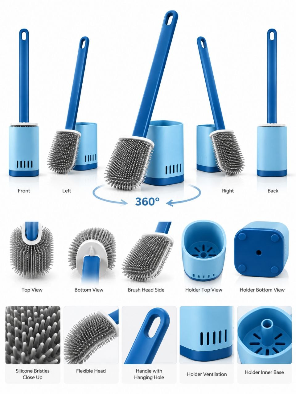 Flexible Silicone Toilet Brush with Quick-Dry Holder – Deep Cleaning Bathroom Scrubber