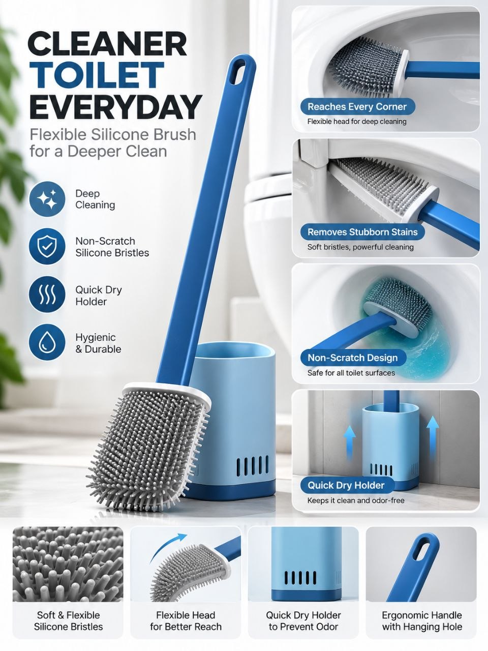 Flexible Silicone Toilet Brush with Quick-Dry Holder – Deep Cleaning Bathroom Scrubber