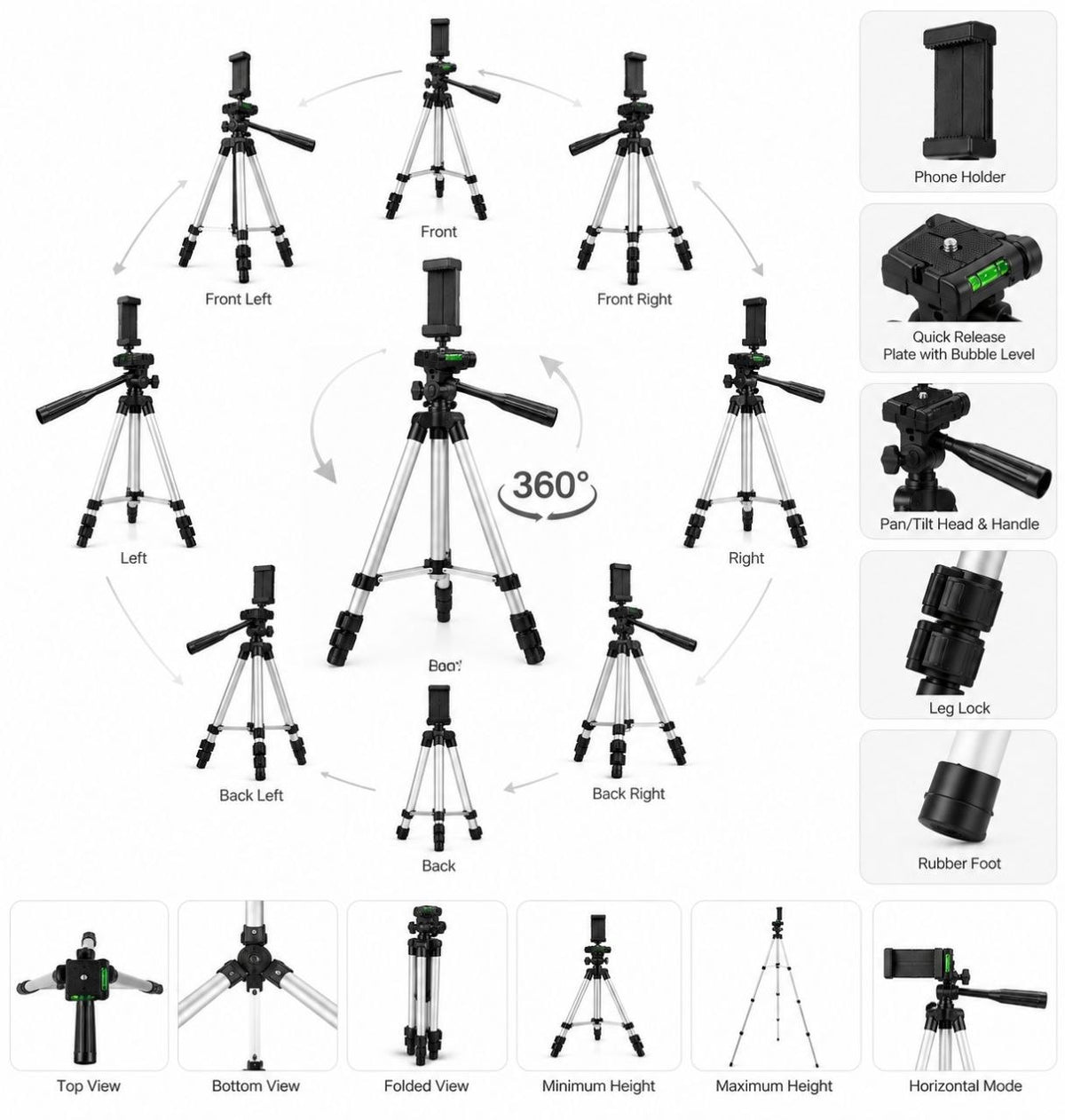 280 Camera 360° Mobile Tripod Stand – Adjustable Phone & Camera Tripod with Carry Bag