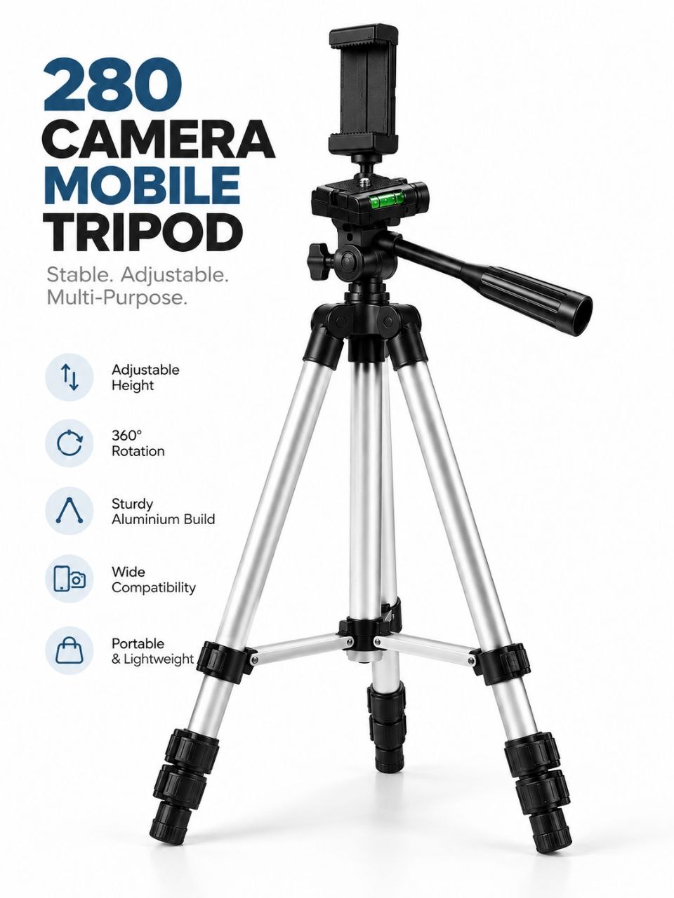280 Camera 360° Mobile Tripod Stand – Adjustable Phone & Camera Tripod with Carry Bag