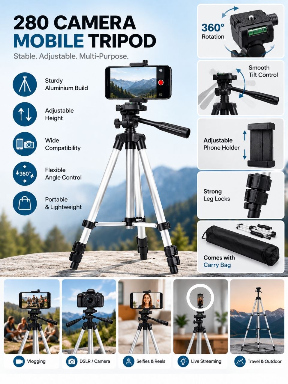 280 Camera 360° Mobile Tripod Stand – Adjustable Phone & Camera Tripod with Carry Bag