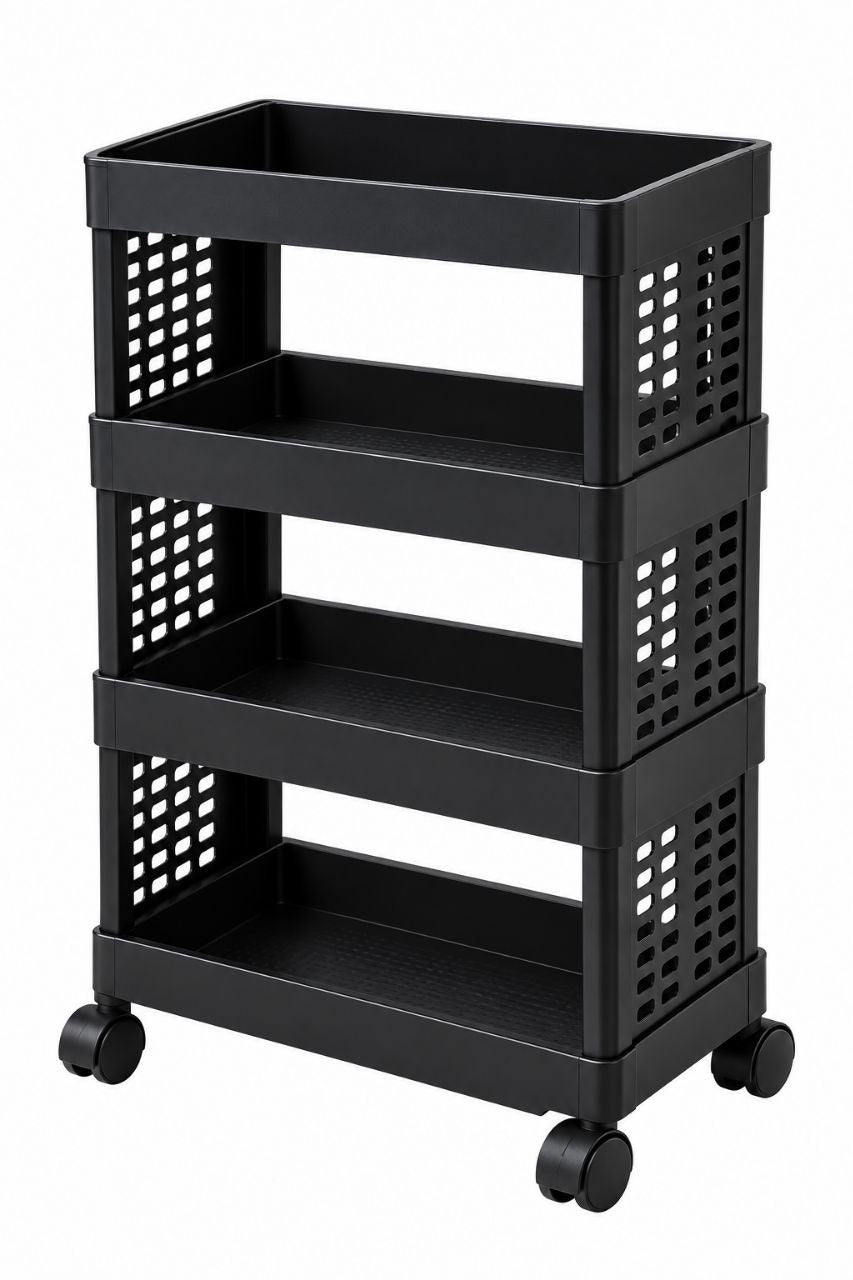 4-Tier Plastic Storage Rack with 360° Wheels – Multi-Purpose Organizer Trolley