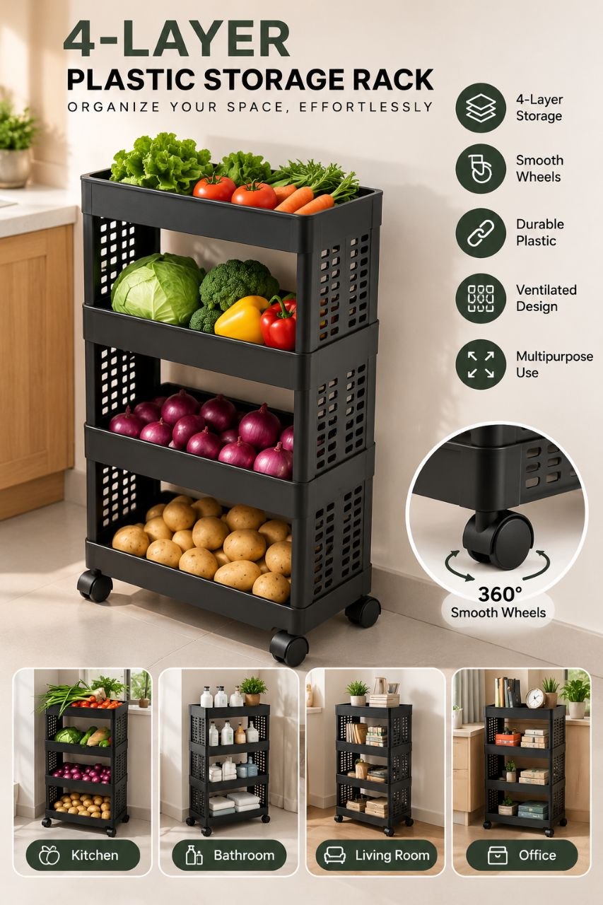 4-Tier Plastic Storage Rack with 360° Wheels – Multi-Purpose Organizer Trolley