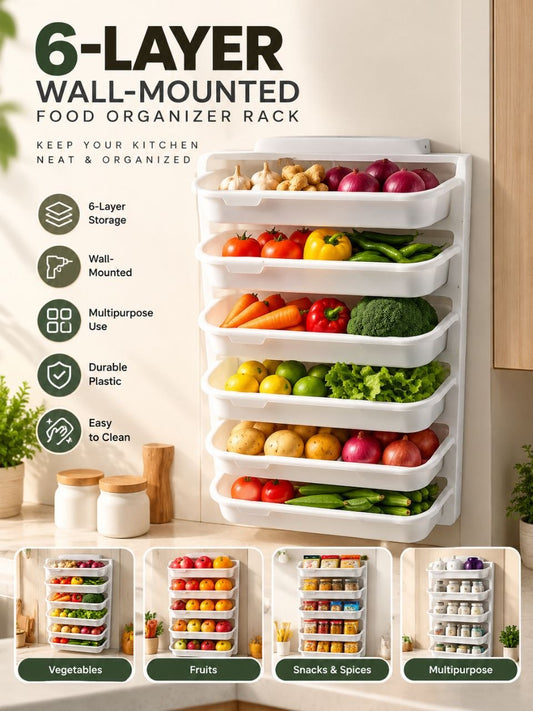 6-Tier Wall-Mounted Kitchen Storage Rack – Multi-Purpose Food & Vegetable Organizer