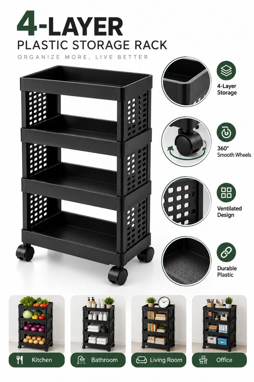 4-Tier Plastic Storage Rack with 360° Wheels – Multi-Purpose Organizer Trolley
