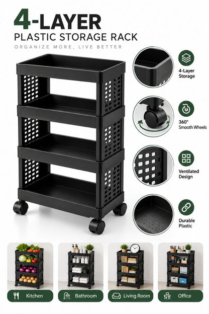 4-Tier Plastic Storage Rack with 360° Wheels – Multi-Purpose Organizer Trolley