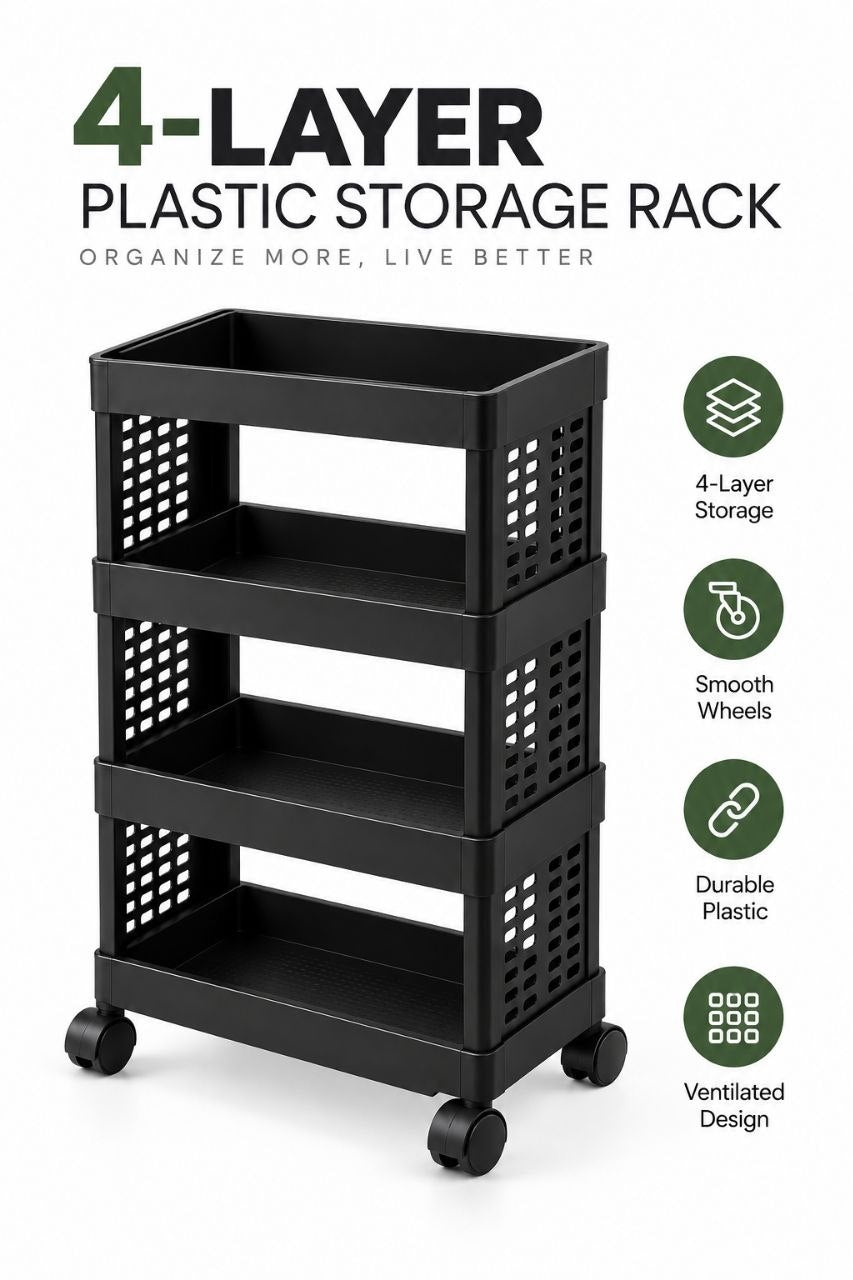4-Tier Plastic Storage Rack with 360° Wheels – Multi-Purpose Organizer Trolley