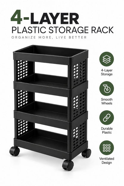 4-Tier Plastic Storage Rack with 360° Wheels – Multi-Purpose Organizer Trolley