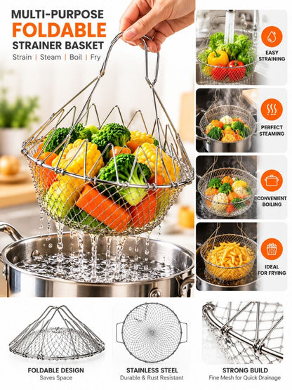 Foldable Stainless Steel Strainer Basket – Multipurpose Kitchen Draining & Cooking Basket