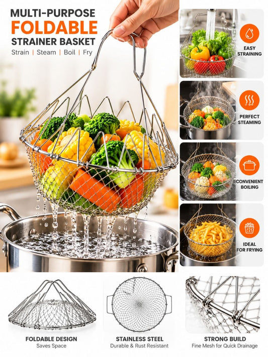 Foldable Stainless Steel Strainer Basket – Multipurpose Kitchen Draining & Cooking Basket