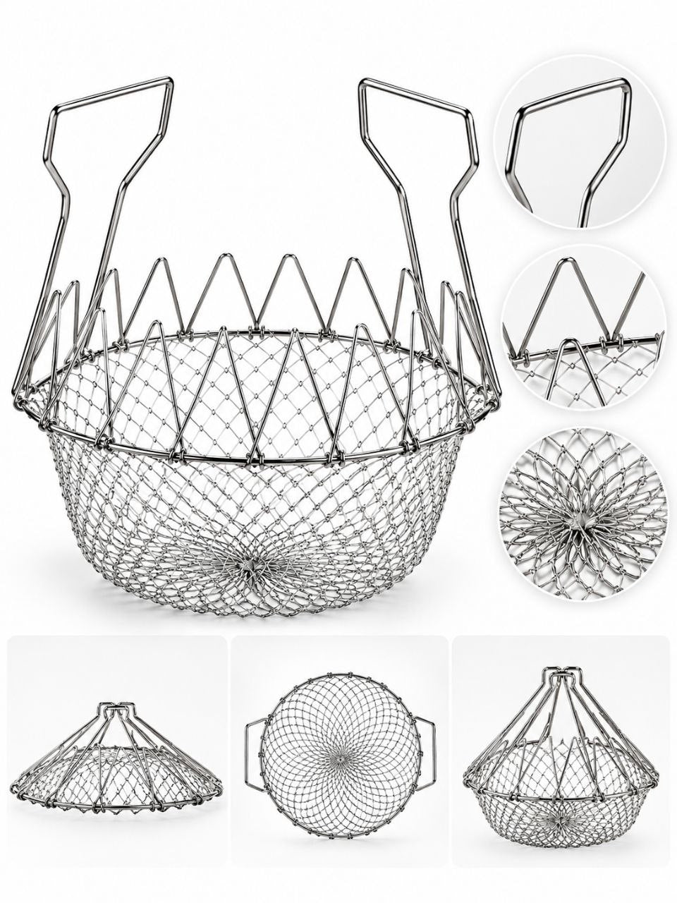 Foldable Stainless Steel Strainer Basket – Multipurpose Kitchen Draining & Cooking Basket