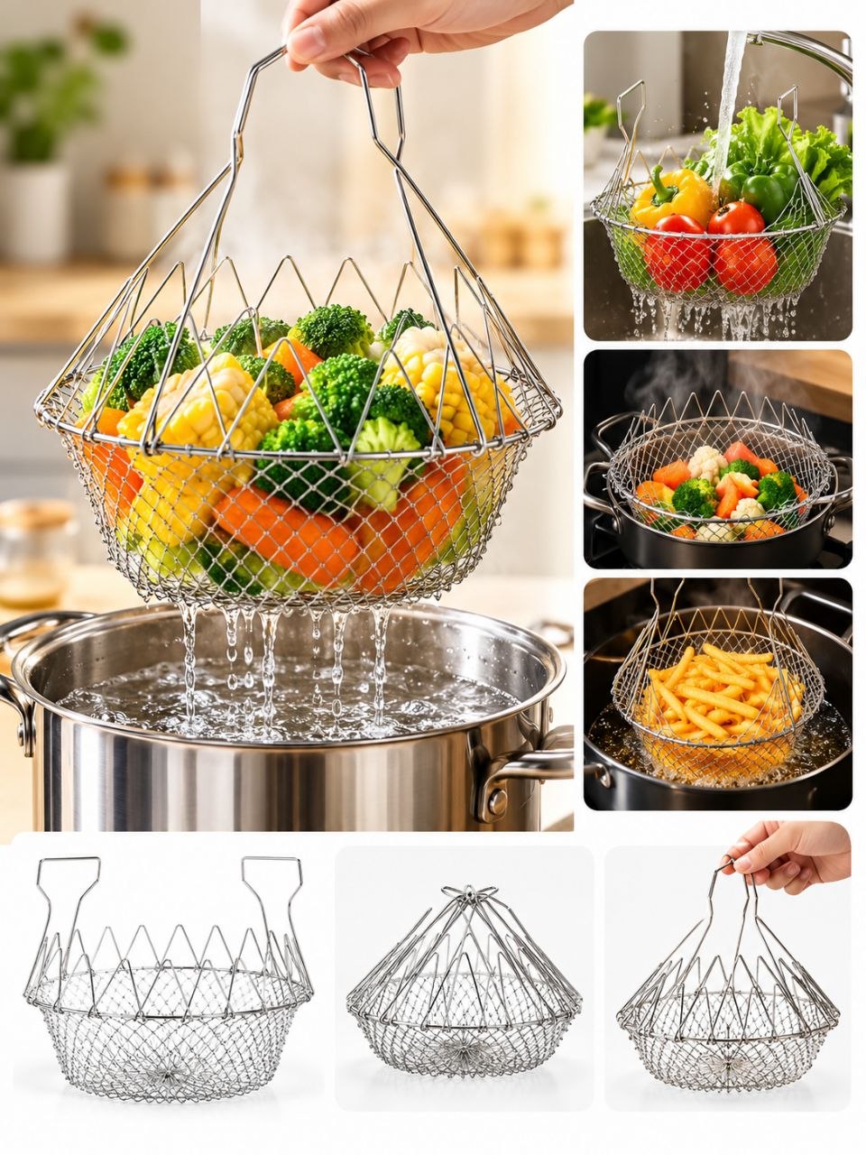 Foldable Stainless Steel Strainer Basket – Multipurpose Kitchen Draining & Cooking Basket