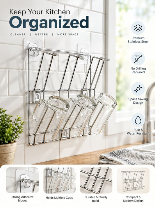 Space-Saving Stainless Steel Cup Rack – Wall-Mounted Glass Holder