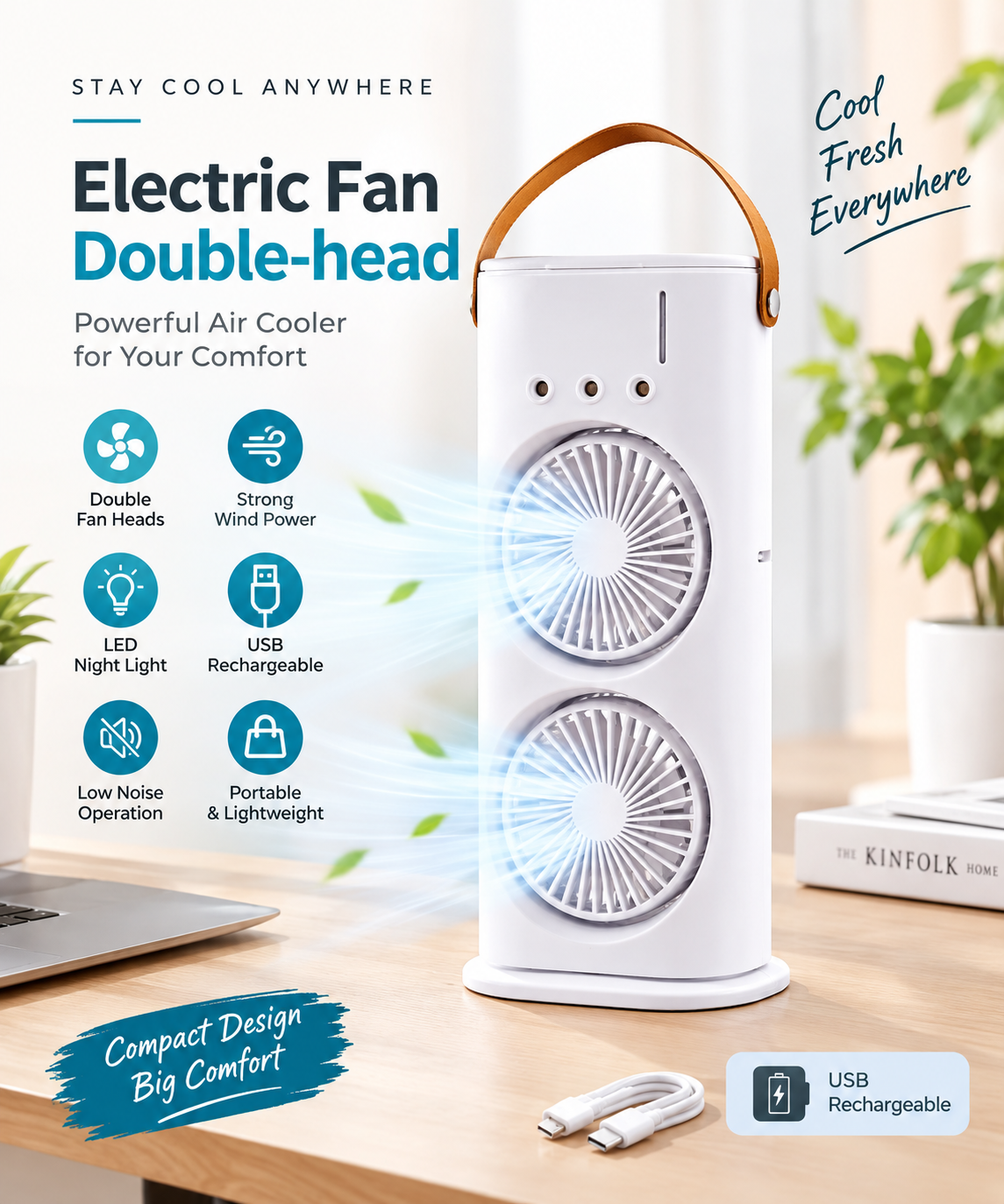 Electric Fan Desktop Double-head Powerful Air Cooler (1 Pc With Remote)