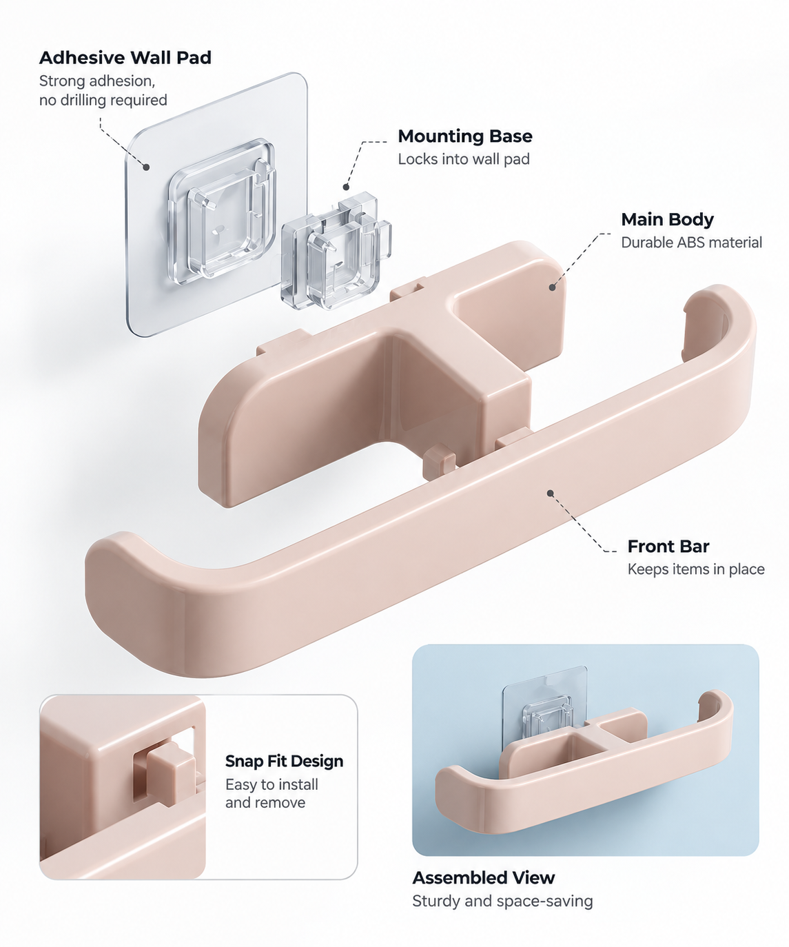 Adhesive Wall Mounted Storage Rack – No Drill Snap-Fit Organizer