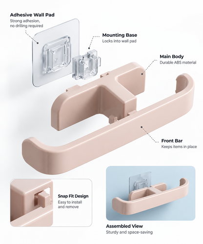 Adhesive Wall Mounted Storage Rack – No Drill Snap-Fit Organizer