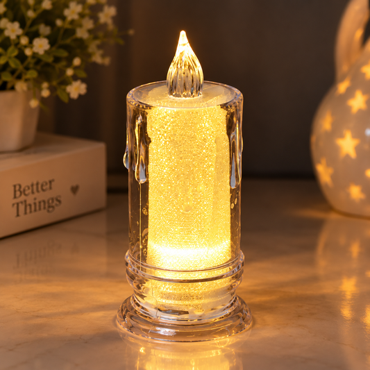 LED Flameless Candle with Warm Golden Glow – Decorative Crystal Flame Light