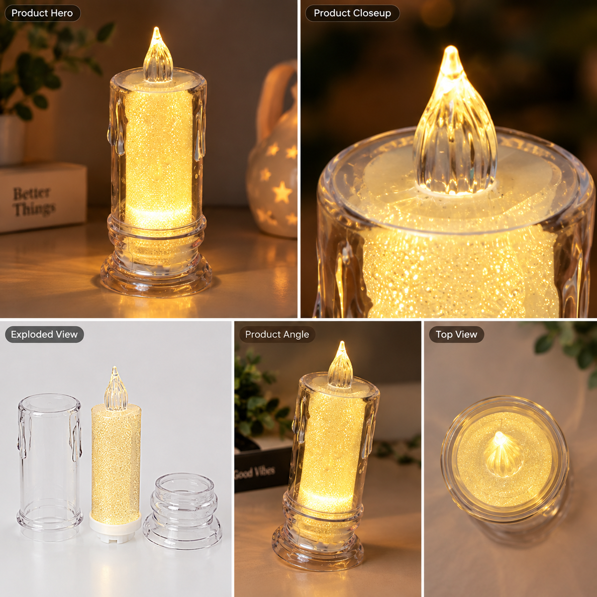 LED Flameless Candle with Warm Golden Glow – Decorative Crystal Flame Light