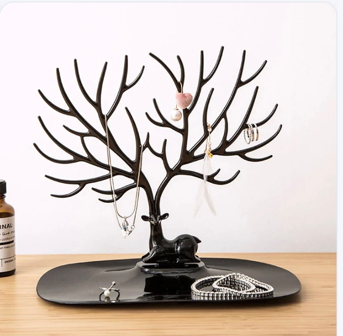 Elegant Deer Jewelry Stand with Antler Tree Design & Storage Tray – Necklace, Bracelet & Ring Organizer