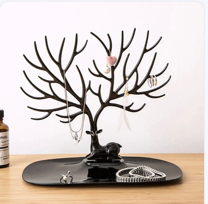 Elegant Deer Jewelry Stand with Antler Tree Design & Storage Tray – Necklace, Bracelet & Ring Organizer