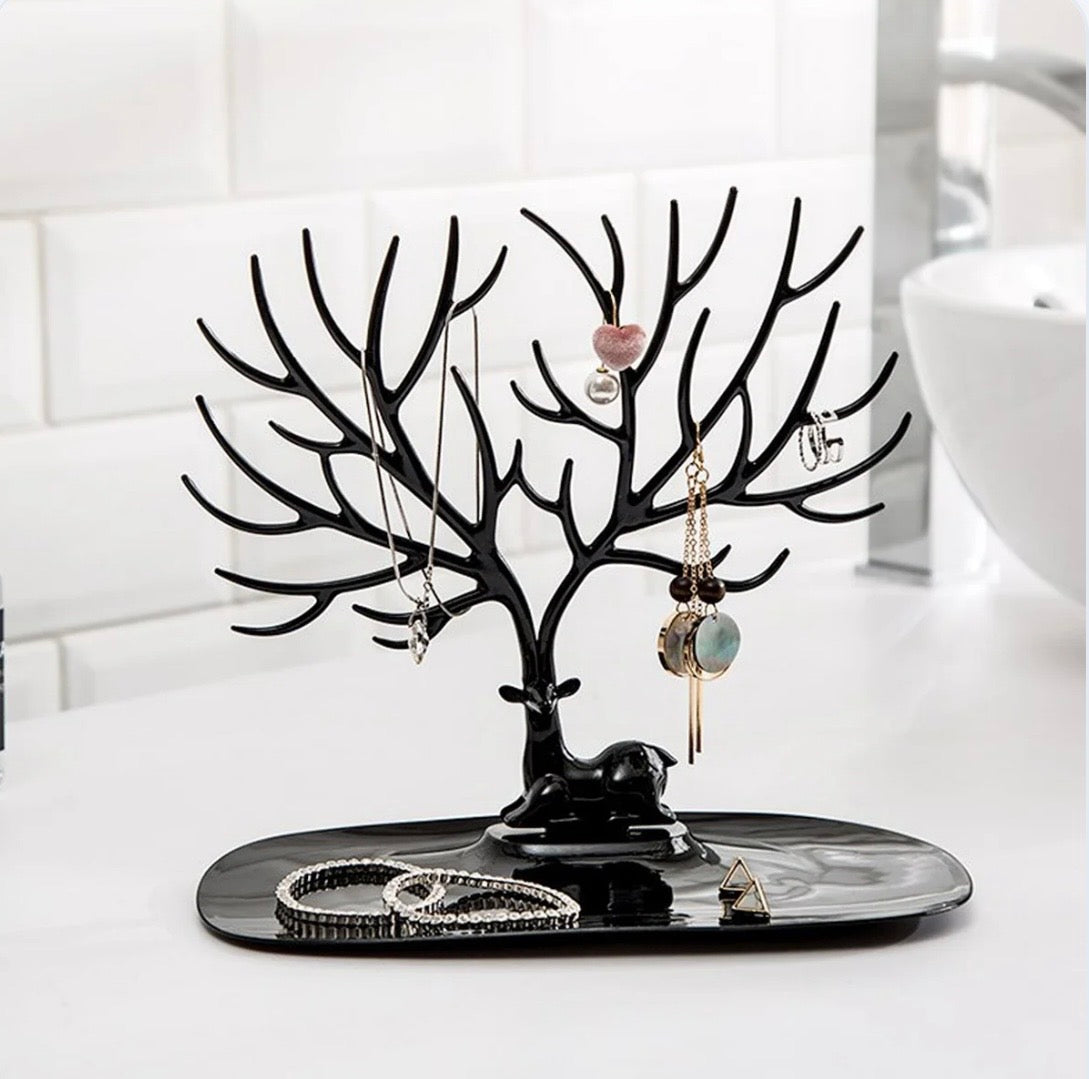 Elegant Deer Jewelry Stand with Antler Tree Design & Storage Tray – Necklace, Bracelet & Ring Organizer