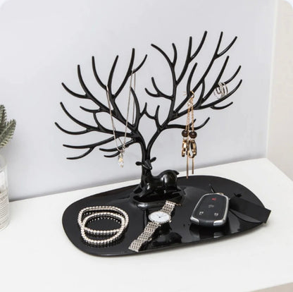 Elegant Deer Jewelry Stand with Antler Tree Design & Storage Tray – Necklace, Bracelet & Ring Organizer