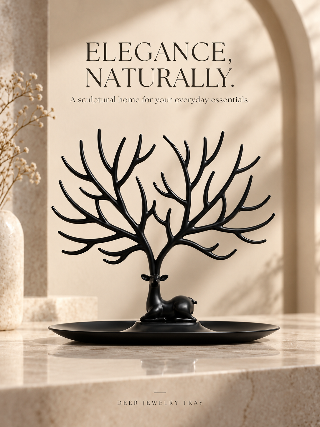Elegant Deer Jewelry Stand with Antler Tree Design & Storage Tray – Necklace, Bracelet & Ring Organizer