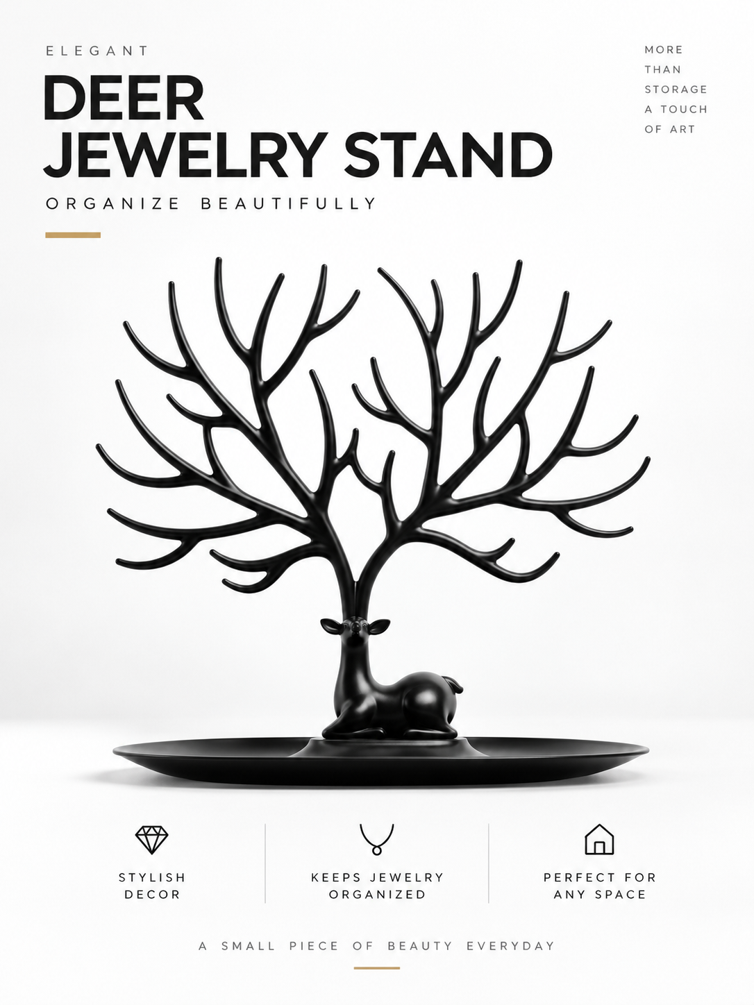 Elegant Deer Jewelry Stand with Antler Tree Design & Storage Tray – Necklace, Bracelet & Ring Organizer