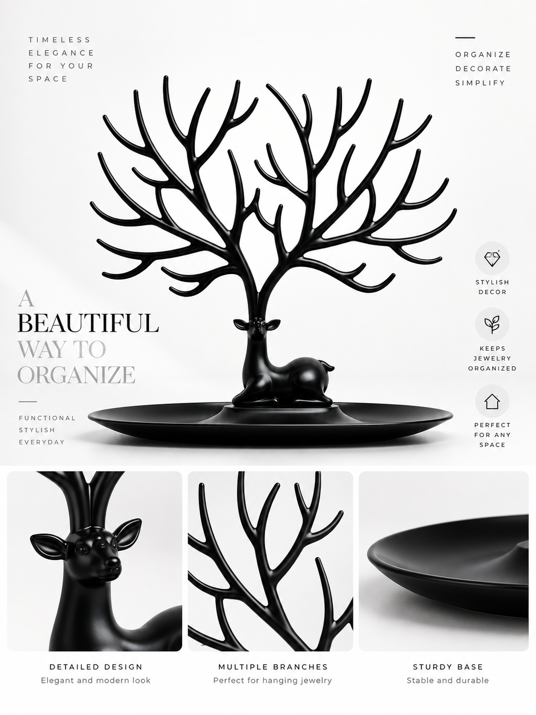Elegant Deer Jewelry Stand with Antler Tree Design & Storage Tray – Necklace, Bracelet & Ring Organizer