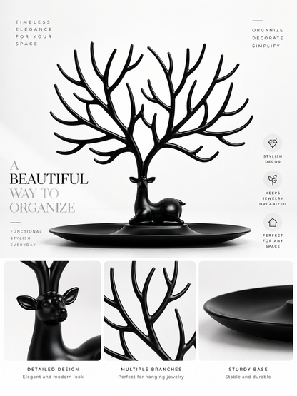 Elegant Deer Jewelry Stand with Antler Tree Design & Storage Tray – Necklace, Bracelet & Ring Organizer