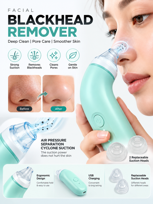 Electric Blackhead Remover Vacuum – USB Rechargeable Pore Cleaner with 2 Replaceable Suction Heads